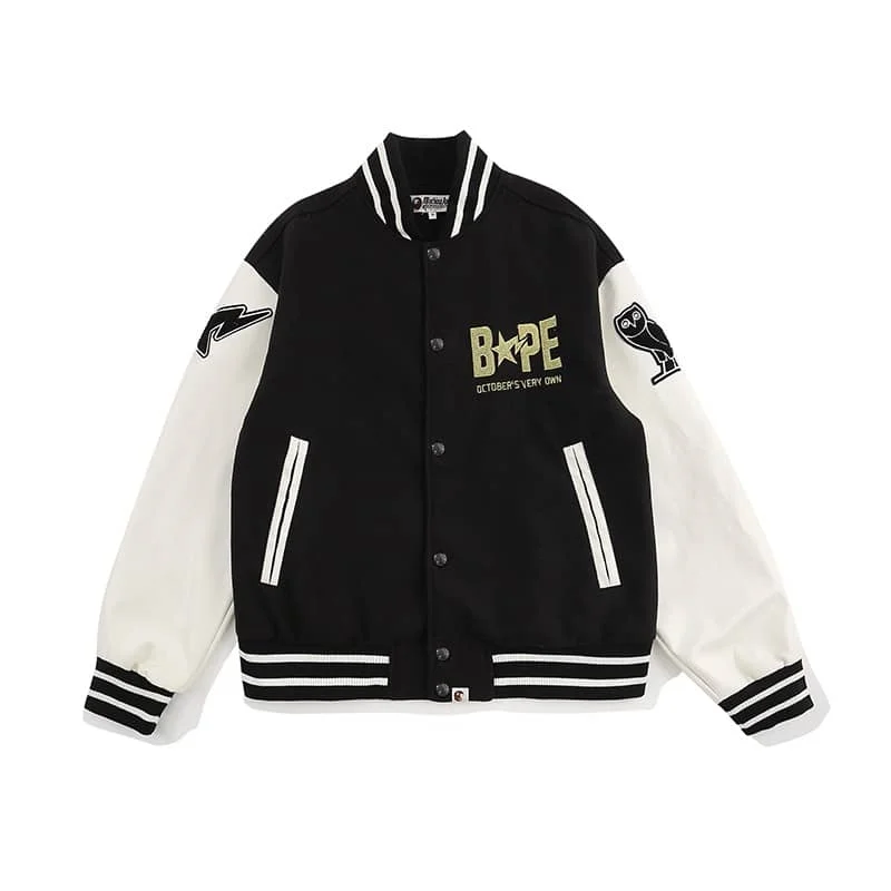 APE Embroidered Velveteen Letter Owl Pilot PU Sleeve Bomber Jacket Men Style 11