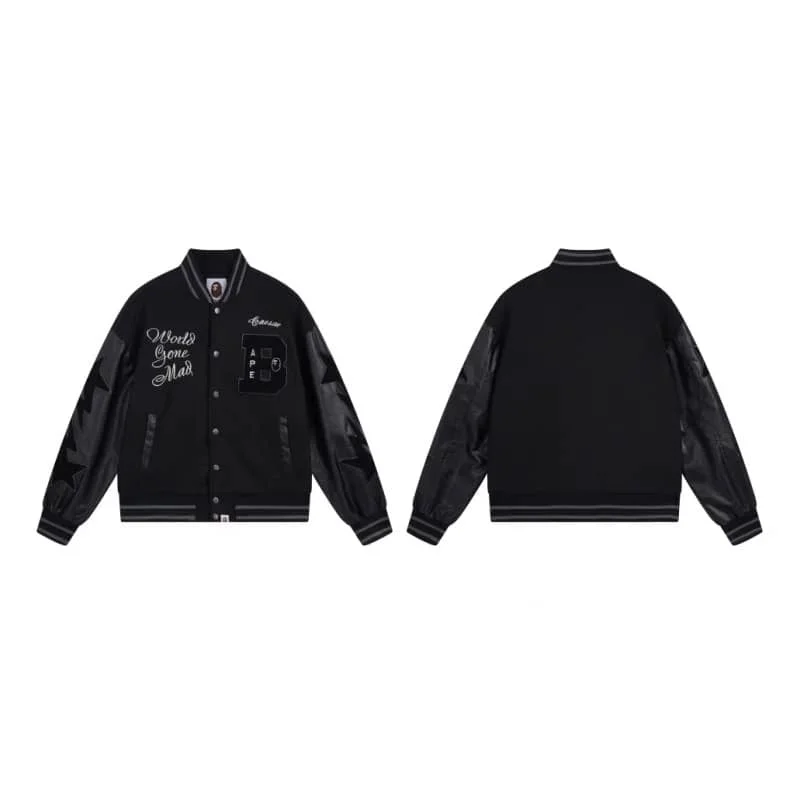 APE Embroidered Velveteen Letter Owl Pilot PU Sleeve Bomber Jacket Men Style 7