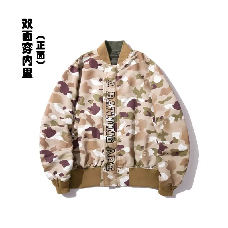 APE Shark Double to Sided Wear Desert Loose Jacket Baseball Cotton Jacket Couples Style 1