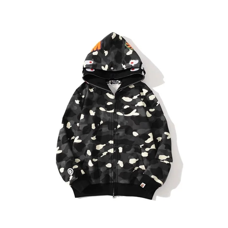 APE Shark Mouth Glow Spot Camo Double Hood Sweatshirt Unisex Fleece Jacket Style 1