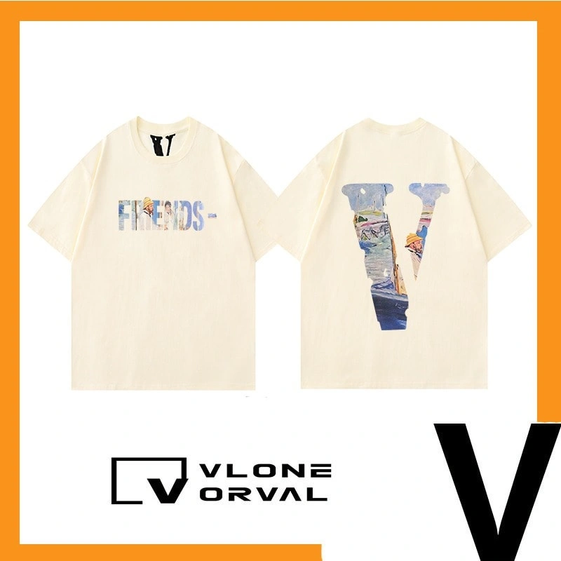 Vlone Orval Monet Oil Painting Big V Trendy American Cotton Oversized Men’s Couple Short Sleeve T-Shirt Summer Style 4