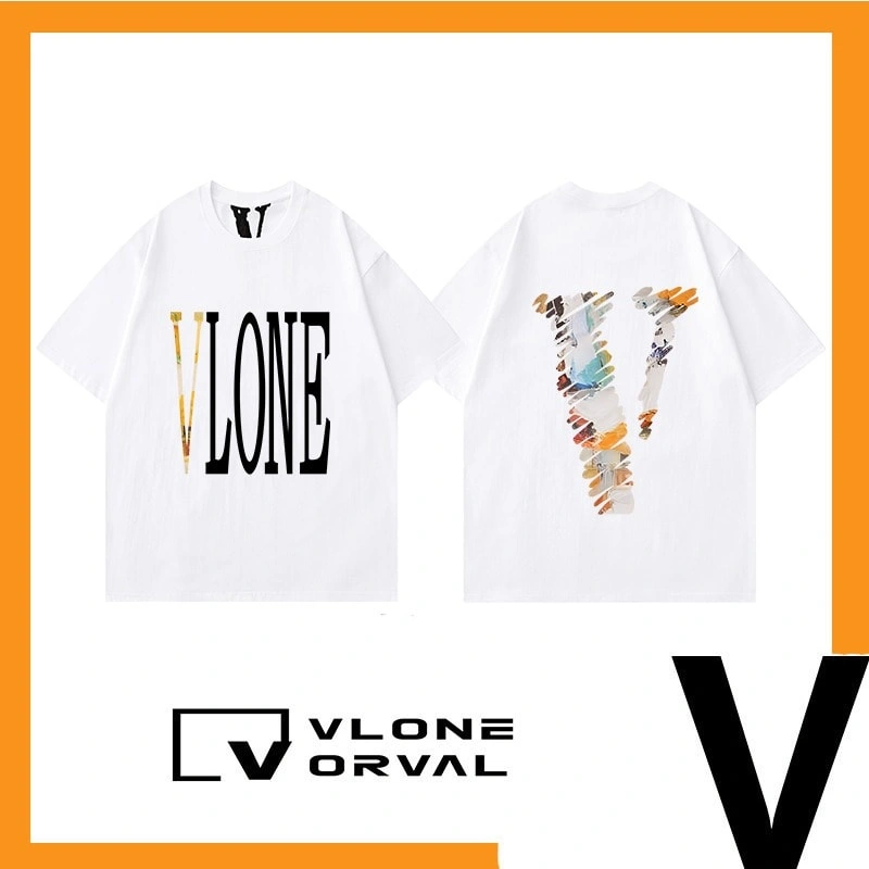 Vlone Orval Solid Letter Big V Loose Short Sleeve Dropped Shoulder T-Shirt Unisex Couple Street Trend Summer