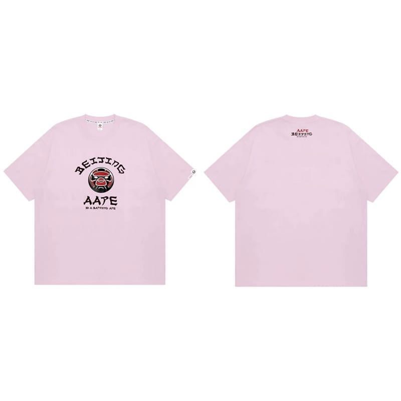 Aape Badge Print Short Sleeve T-Shirt Letter Ape Head Design for Men and Women