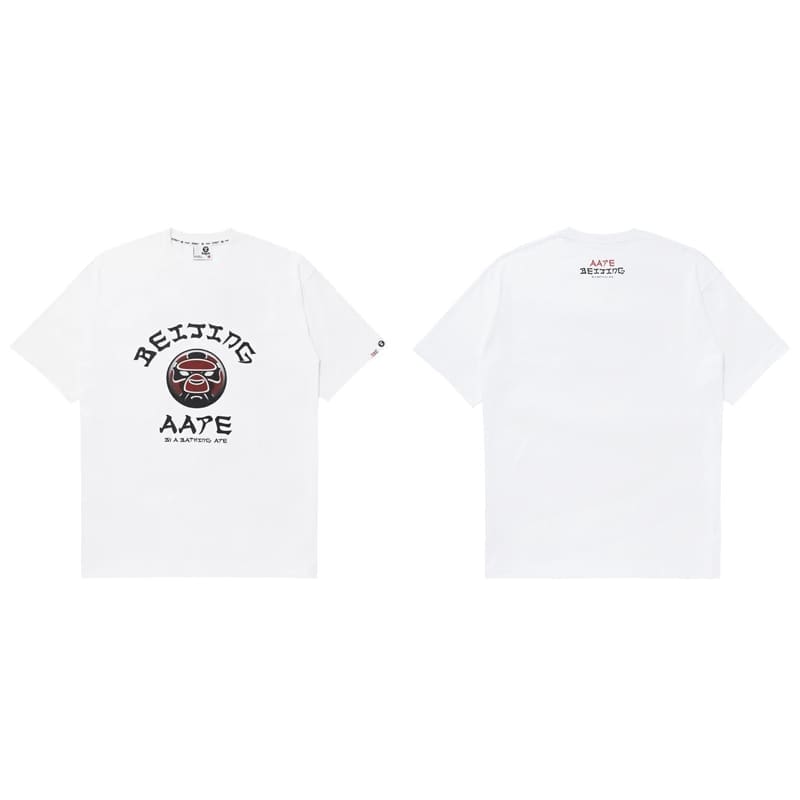 Aape Badge Print Short Sleeve T-Shirt Letter Ape Head Design for Men and Women