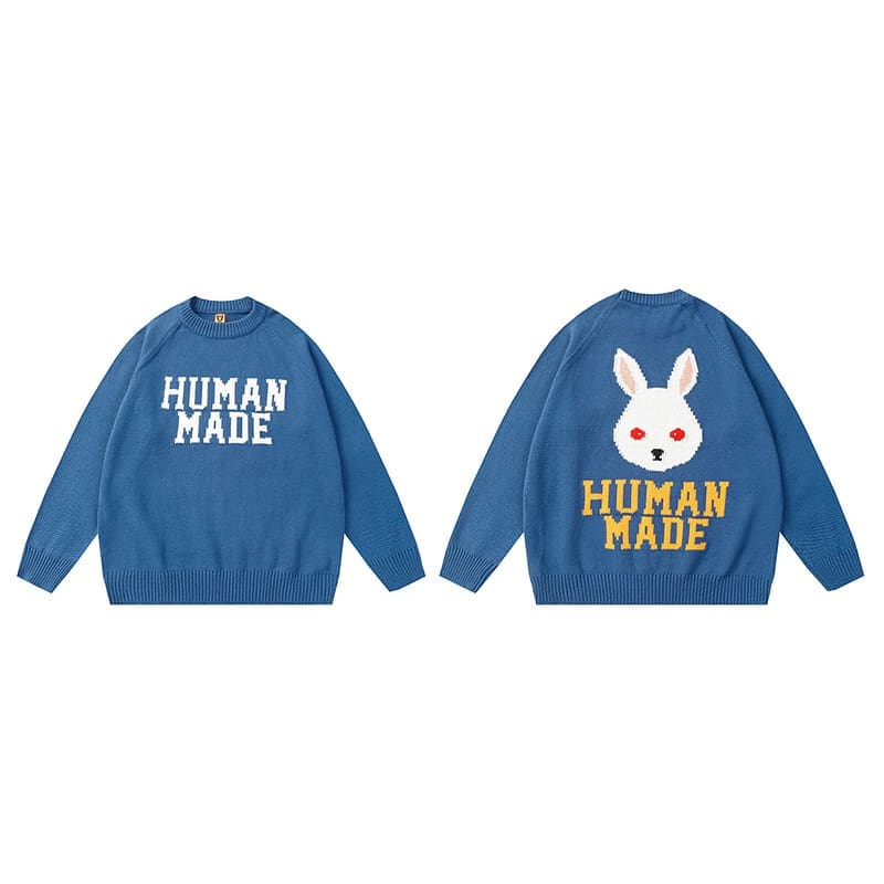 Human Made Cartoon Jacquard Sweater Niche Trendy Round Neck for Couples