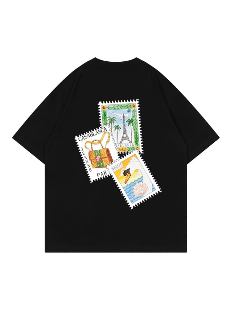 Casablanca Retro Hip Hop Stamp Print T-Shirt for Men and Women
