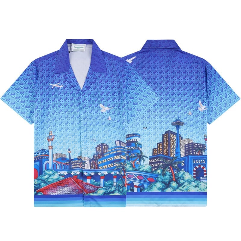 Casablanca Printed Beach Short Sleeve Shirt for Men Spring and Summer
