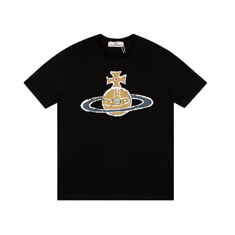 Vivienne Westwood Couple Print Embroidered Loose Cotton T-Shirt for Men and Women