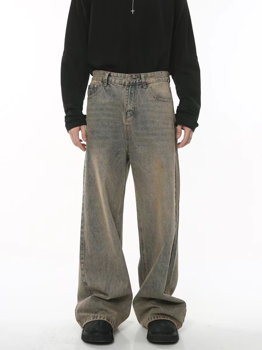 Vujade style washed distressed Vintage jeans wide leg men’s and women’s same American style loose vibe trousers