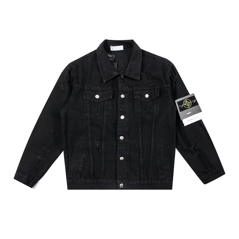 Stone Island Ripped Denim Jacket Retro Washed Casual Long Sleeve for Men and Women