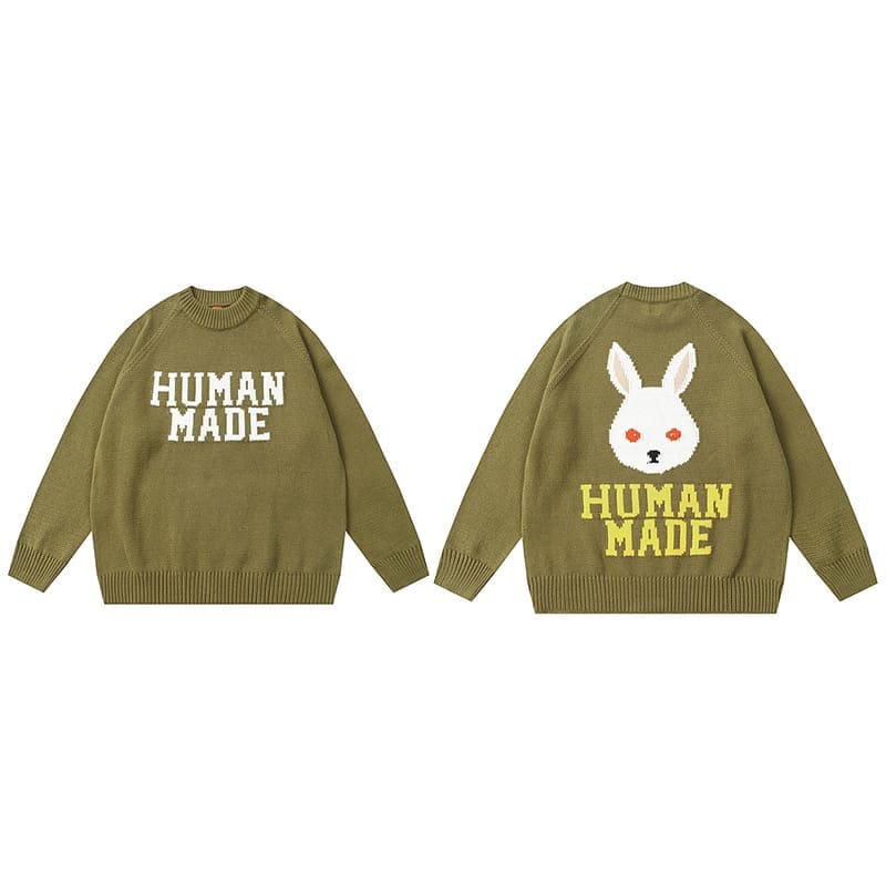 Human Made Cartoon Jacquard Sweater Niche Trendy Round Neck for Couples