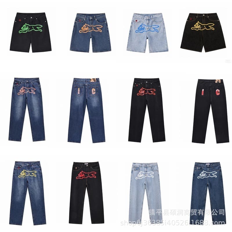 ICECREAM Flying Dog Print Wide Leg Denim Trousers for Men and Women