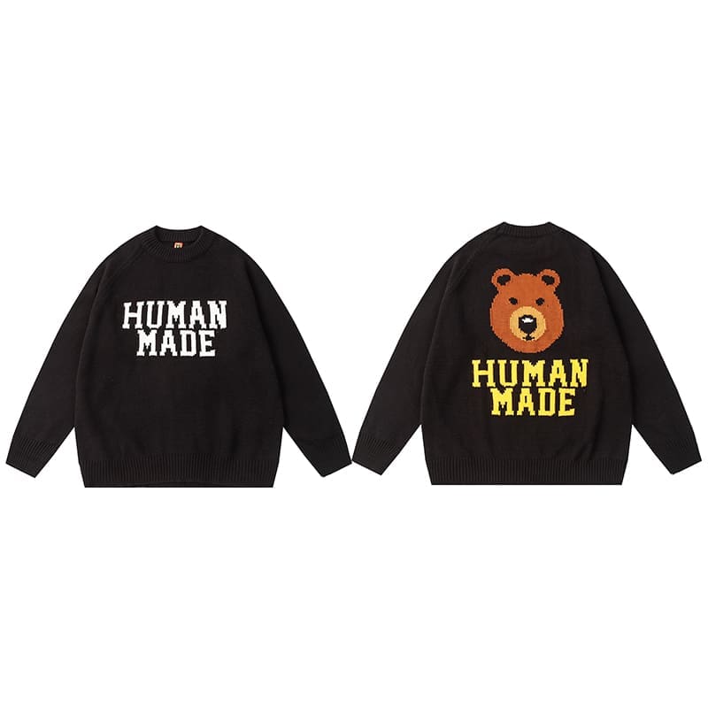 Human Made Cartoon Jacquard Sweater Niche Trendy Round Neck for Couples