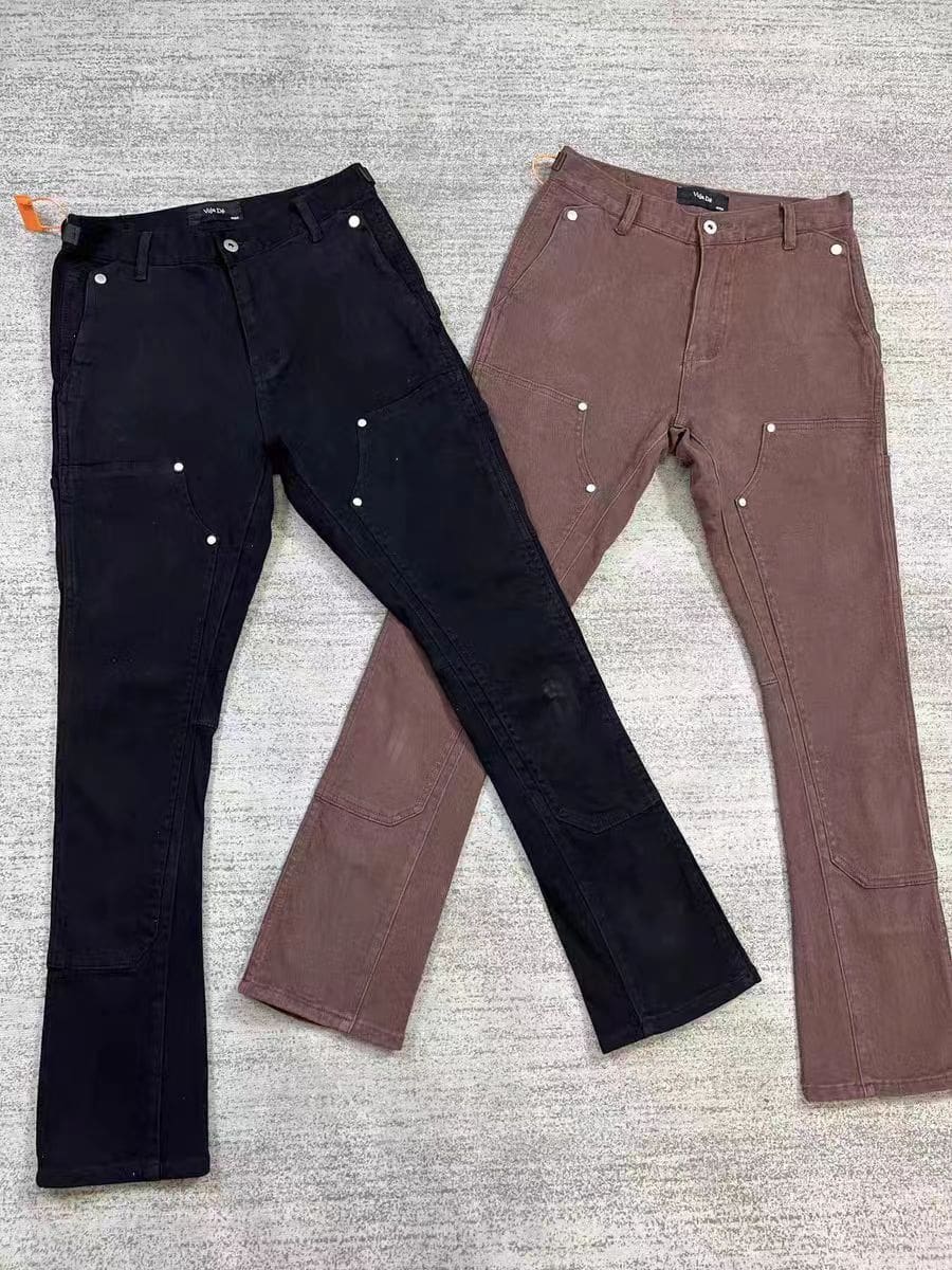 VUJADE logging pants flared jeans washed zipper casual overalls black Brown