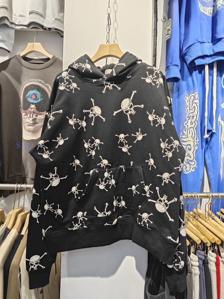 Saint Michael Skull Print Retro Fleece-Lined Hooded Sweatshirt and Sweatpants Suit