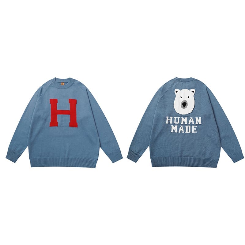 Human Made Cartoon Jacquard Sweater Niche Trendy Round Neck for Couples